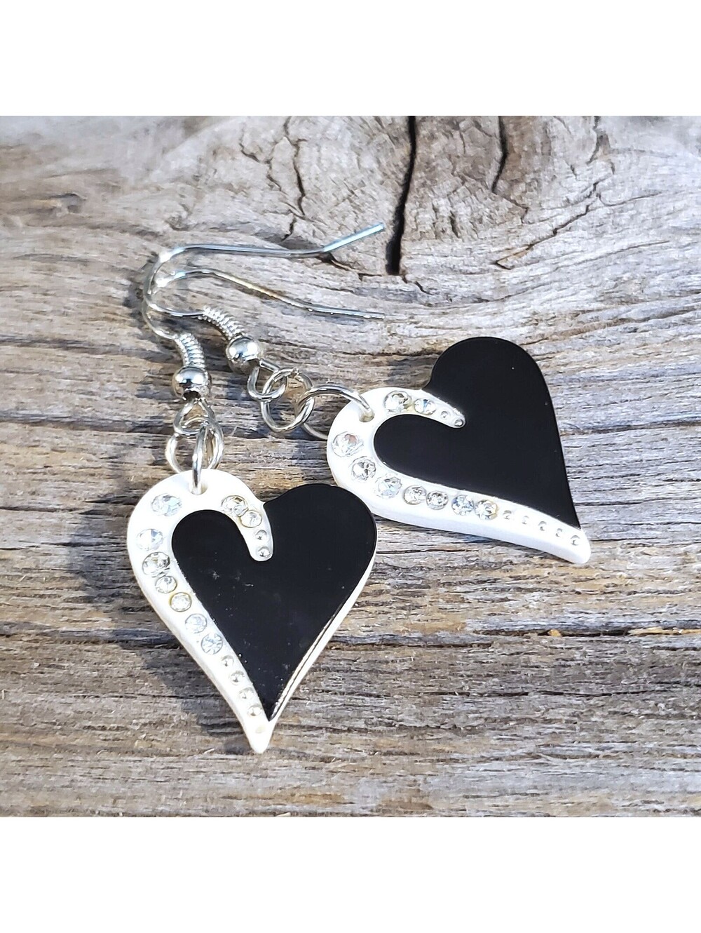 Vintage Y2K White Black Lucite Austrian Crystal Asymmetrical Heart Earrings